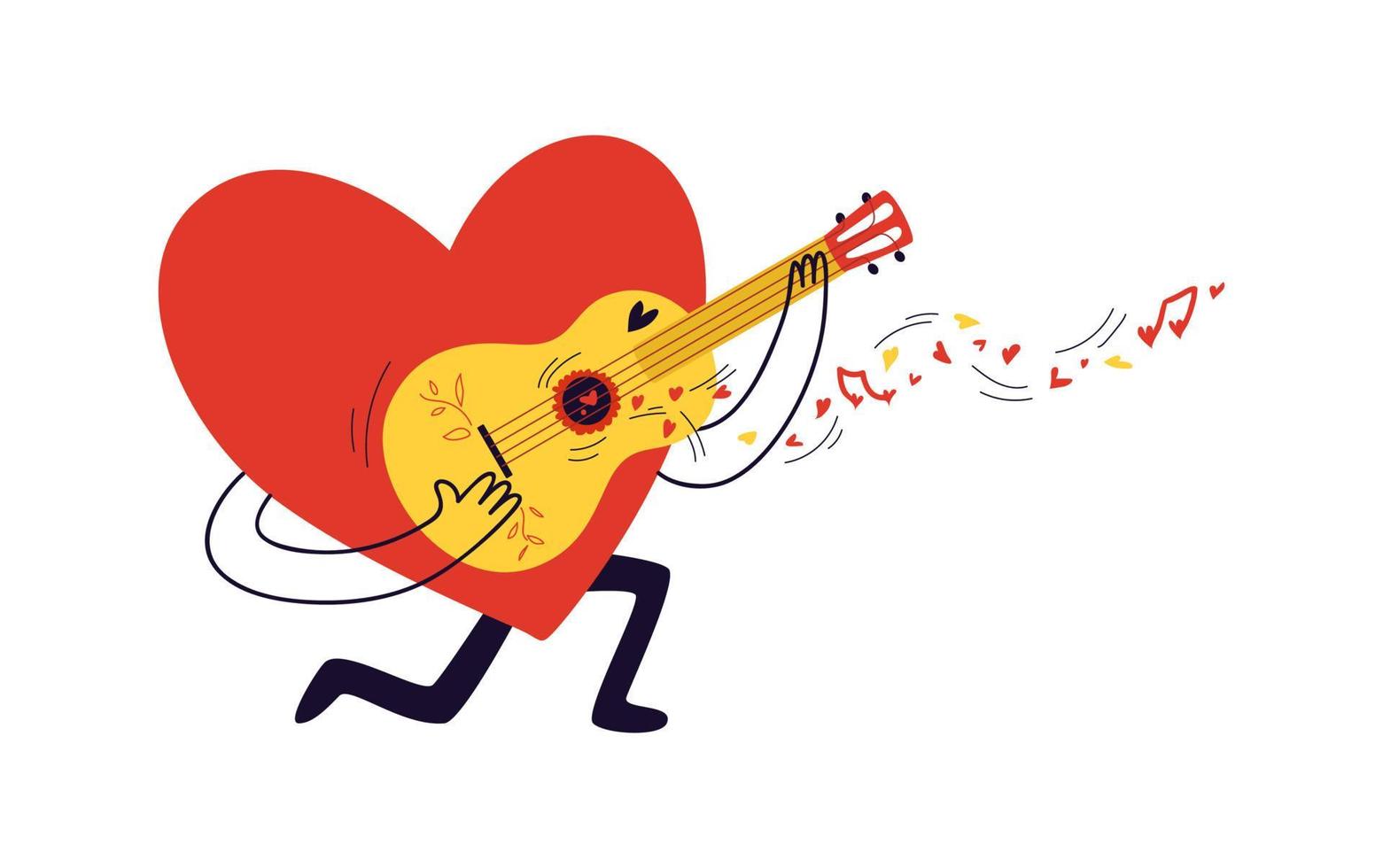 kleine Herzen und Noten fliegen aus der gelb lackierten Gitarre. Valentinstag-Konzept. vektor