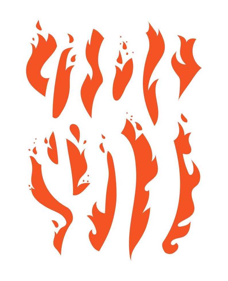 Reihe von roten Flammenzungen. Sammlung verschiedener Feuerarten. handgezeichnete Silhouetten eines lodernden Lagerfeuers. Vektor-Illustration isoliert auf weißem Hintergrund. vektor