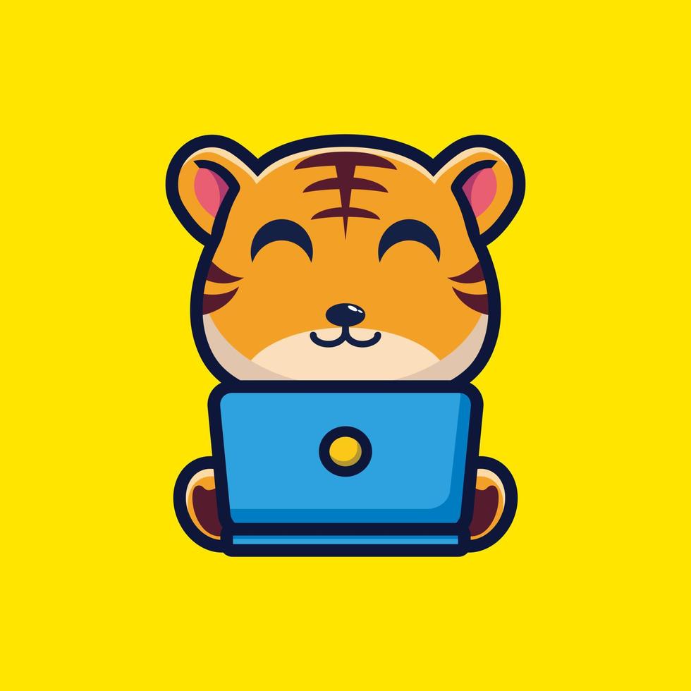 süßer tiger-cartoon, der vor einem laptop arbeitet. tiertechnologie symbol illustration konzept premium vektor