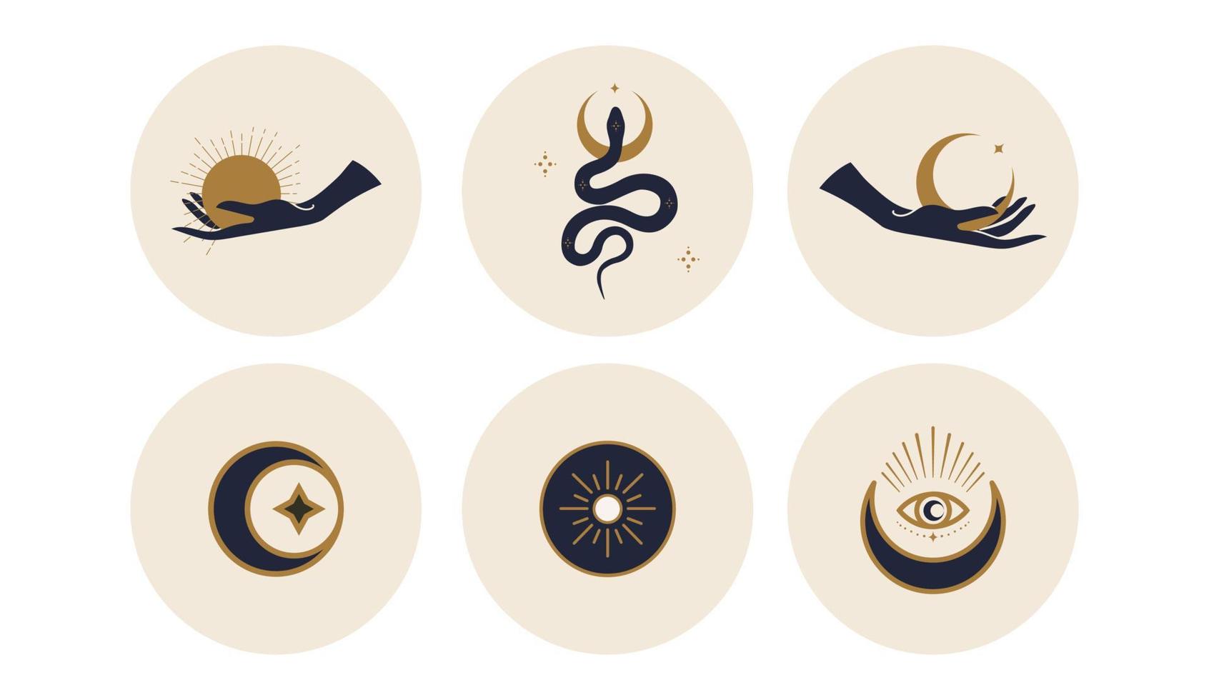 heilige Ikonen, die Mond, Sonne und Schlangen im Kreis darstellen. Vektor-Illustration. satz von symbolen und emblemen für social-media-nachrichten-cover. Designvorlagen für ein Yogastudio und einen Astrologen-Blogger vektor