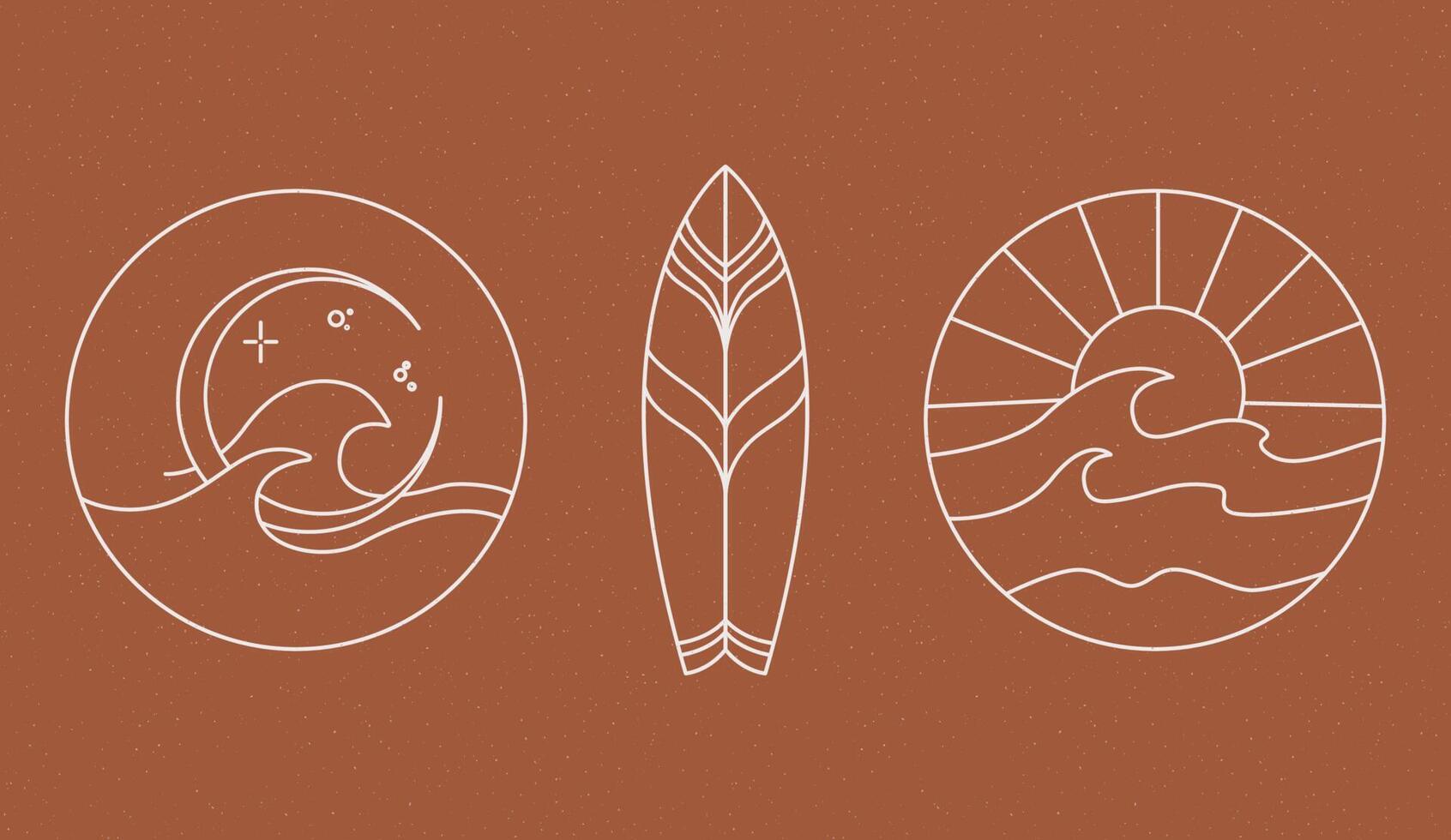 Sommersymbole mit Surfbrettern, Palmblättern, Hürden und Muscheln. süßes meer, ozean und brauner hintergrund mit sand. vektor