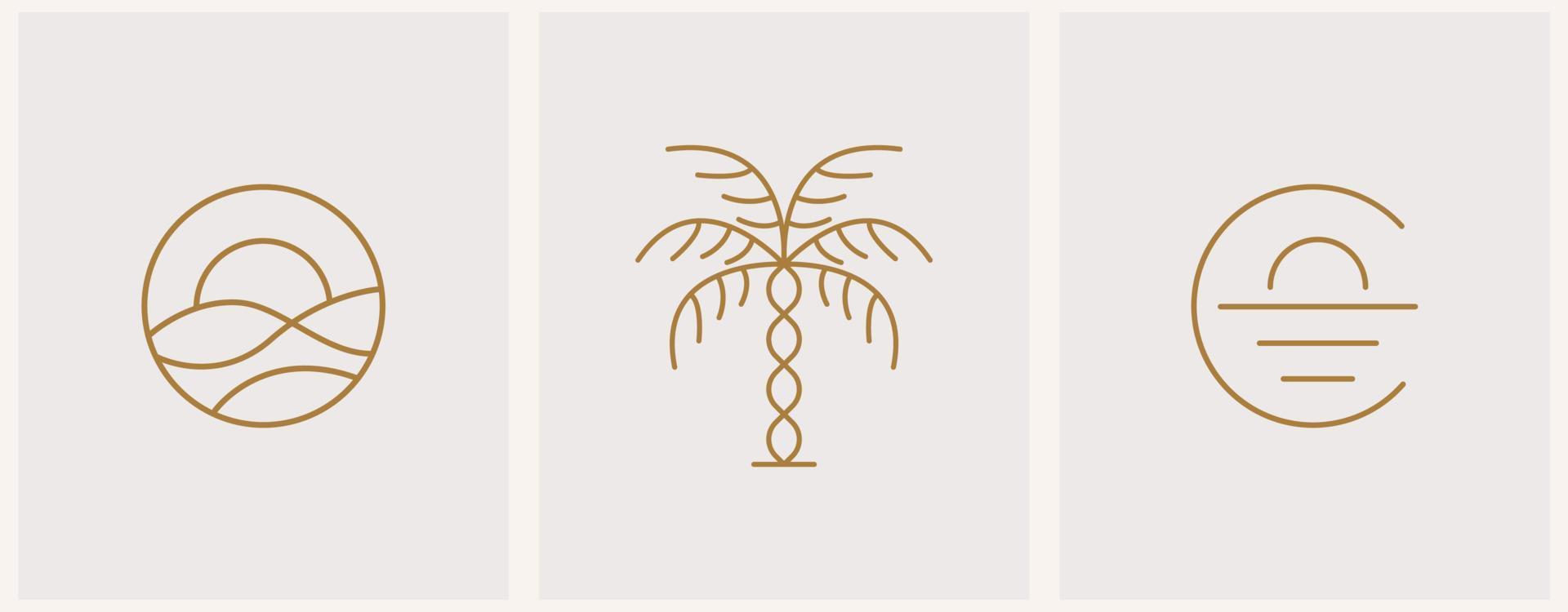 abstrakte Sommer-Logo-Vorlage mit Palmen und Sonnenuntergang. moderner minimaler satz linearer symbole und embleme für soziale medien, vermietung von unterkünften und reisedienstleistungen. vektor