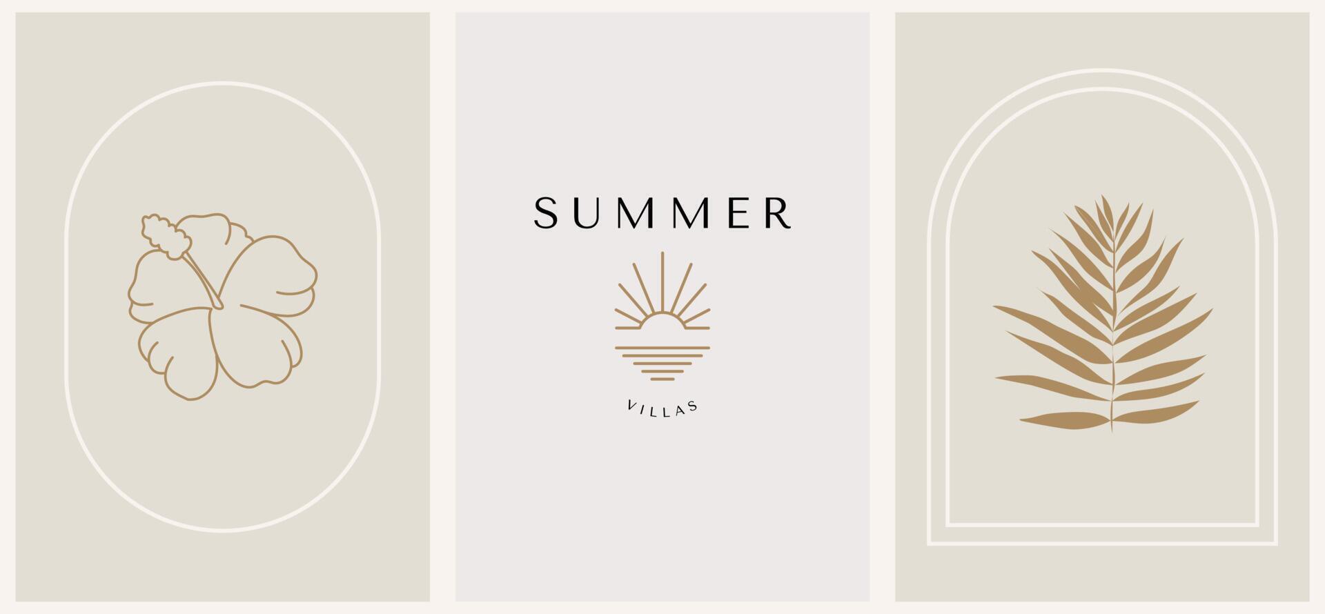 abstrakt sommar logotyp mall med palmer, blommor och soluppgång. modern minimal uppsättning linjära ikoner och emblem för sociala medier, boendeuthyrning och resetjänster. vektor