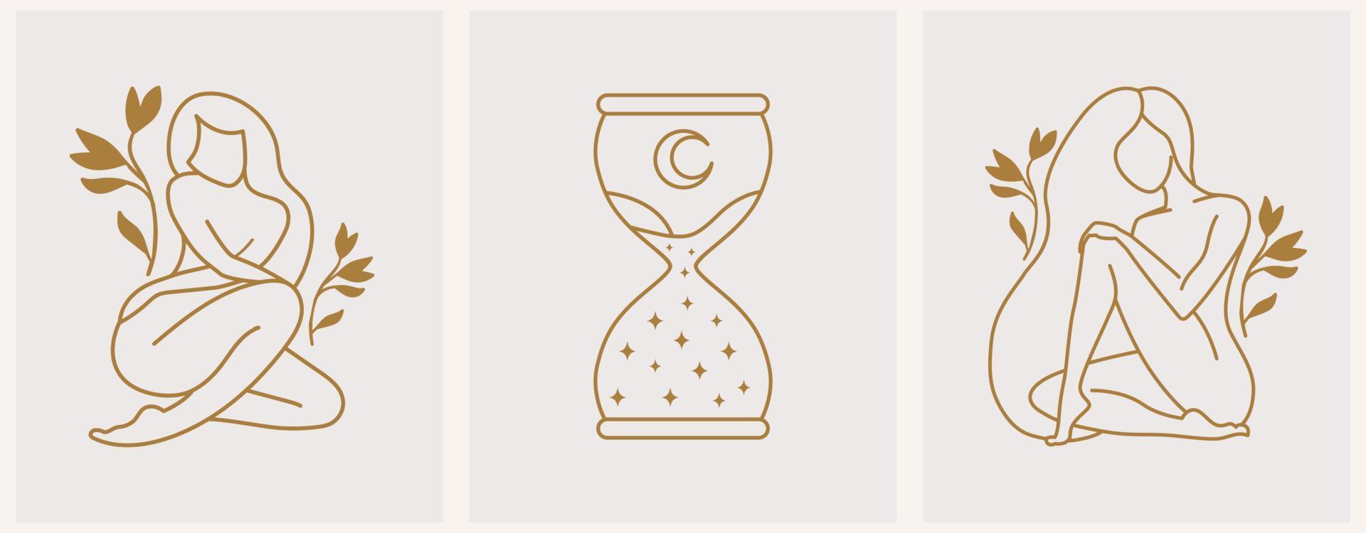 vektor abstrakt logotyp med timglas och kvinna siluett. företagsdesignmallar i trendig linjär minimal stil, skönhets- och kosmetikastudioemblem - ikon för makeupartist, mode