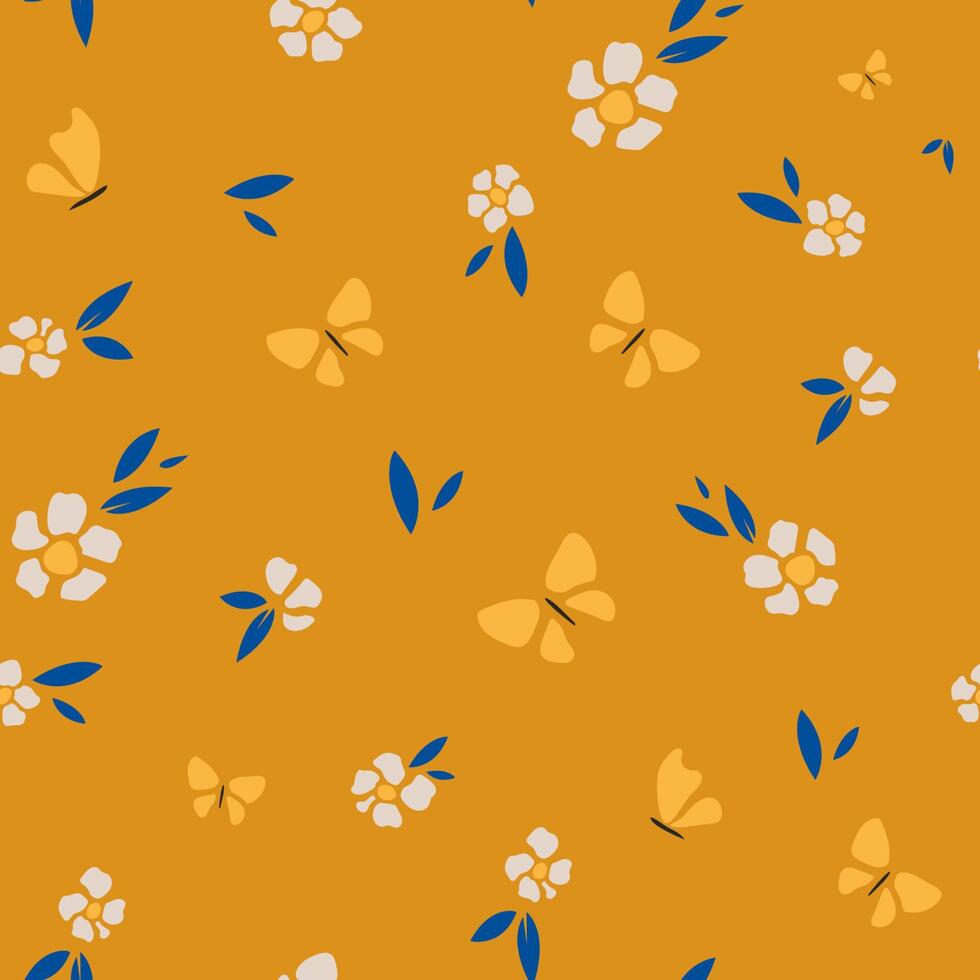 sömlösa mönster av fjärilar och blommor. romantisk vintage bakgrund för textil, tyg, dekorativt papper på en orange bakgrund. vektor