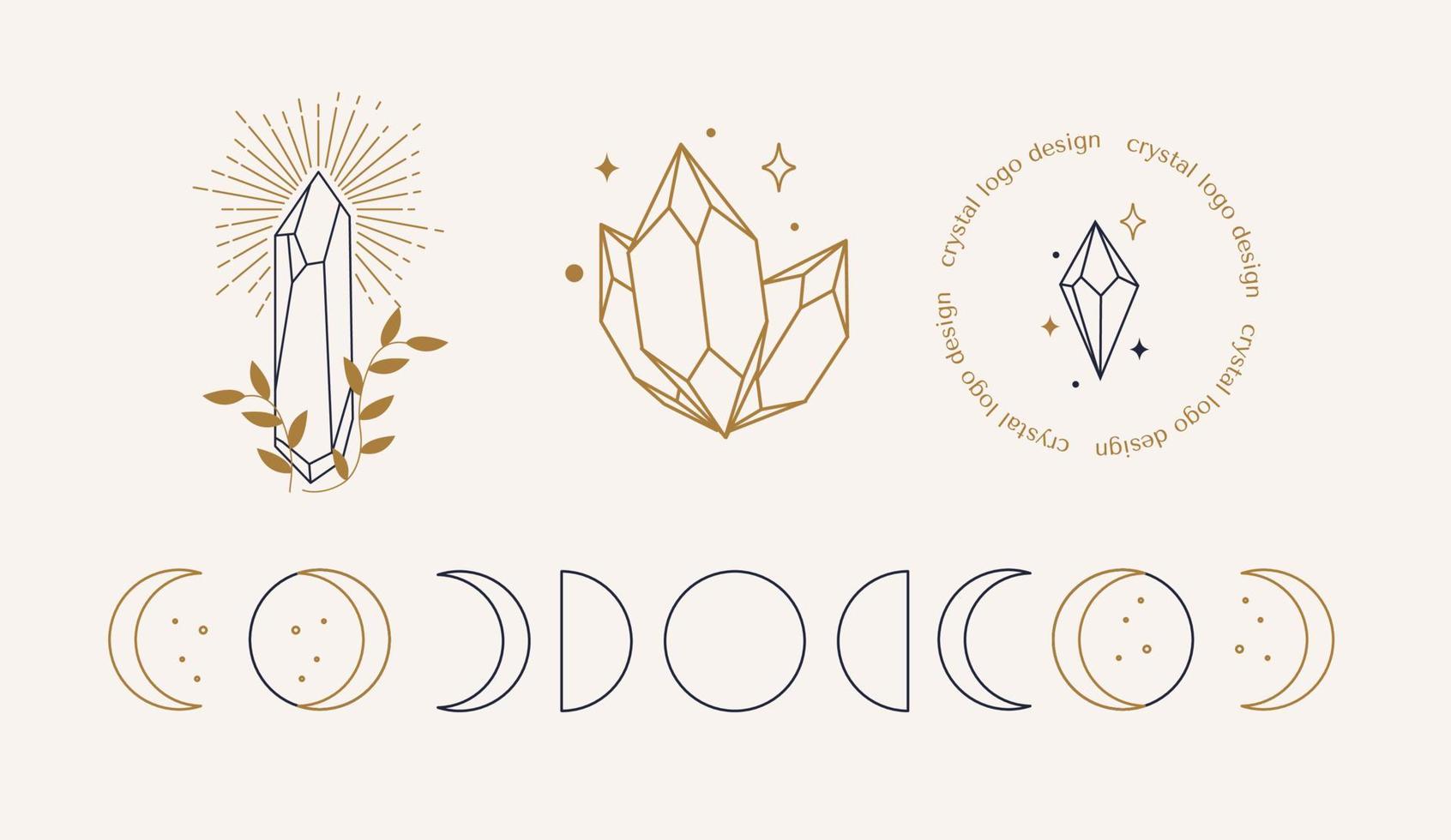 en uppsättning logotyper i linjär stil. känsliga, mystiska bilder. mystisk symbol i minimalistisk stil. magisk sten för andliga utövningar av etnisk magi och astrologiska riter. vektor