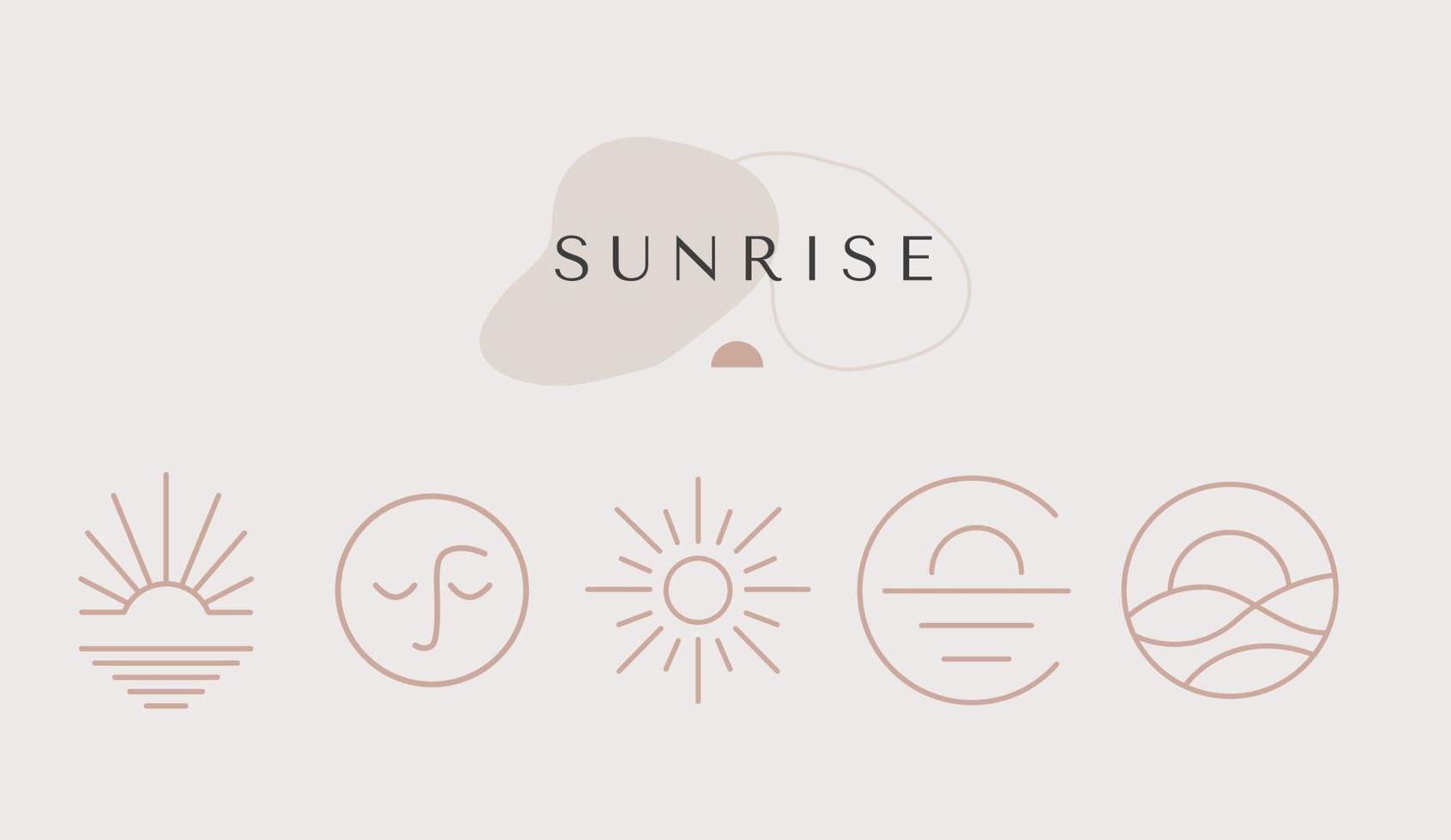 moderne minimale sommerlogoschablone mit linearem sonnenaufgangssymbol und emblem für soziale medien, vermietung von unterkünften und reisedienstleistungen, café vektor