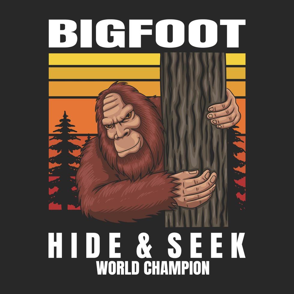 Bigfoot versteckt sich in einer Retro-Vektorillustration des Baums vektor
