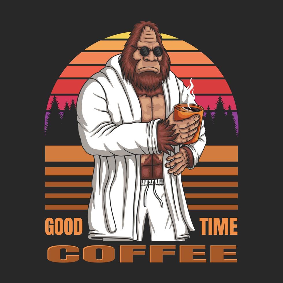 bigfoot bär en badrock och avkopplande drink kaffe vektorillustration vektor
