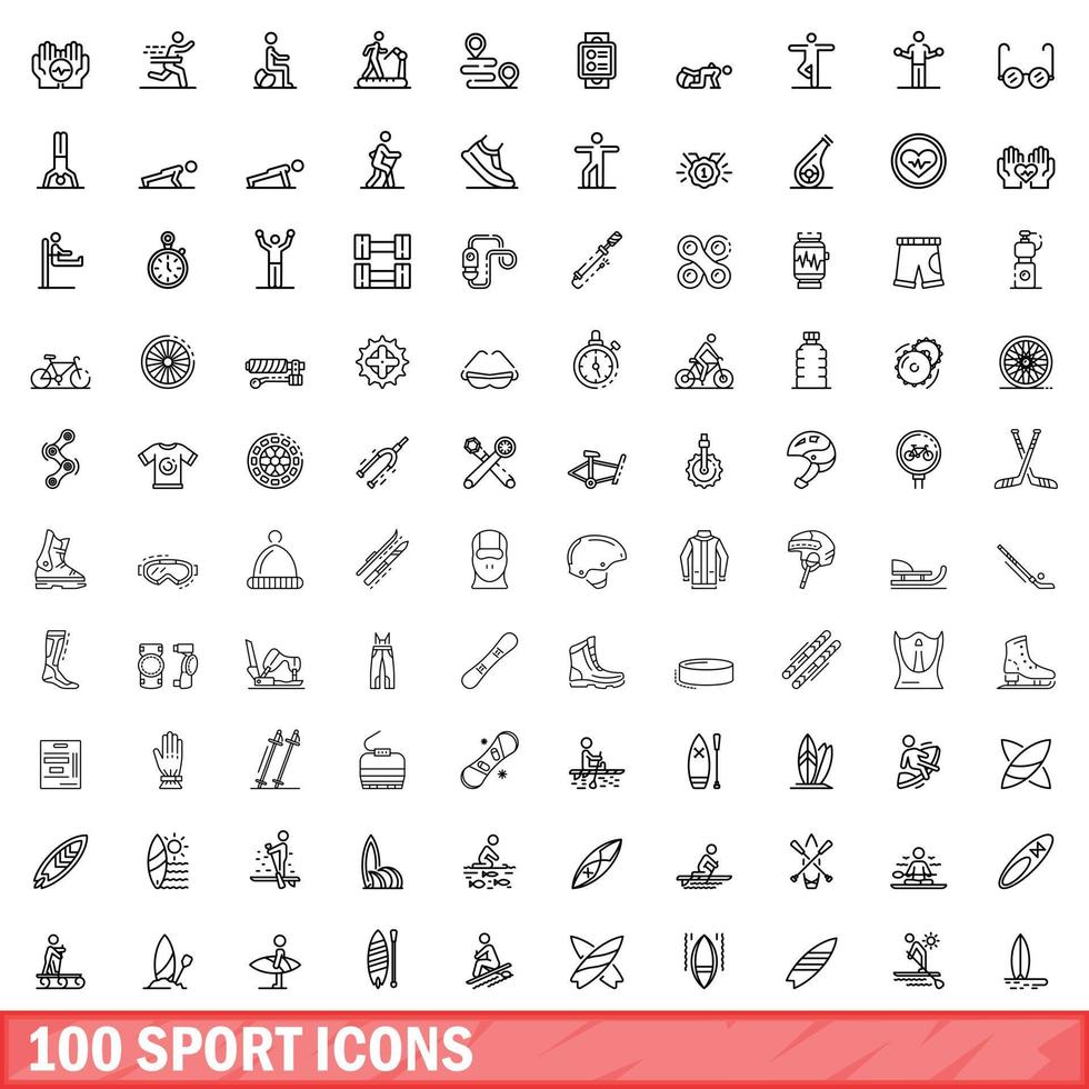 100 Sportsymbole gesetzt, Umrissstil vektor