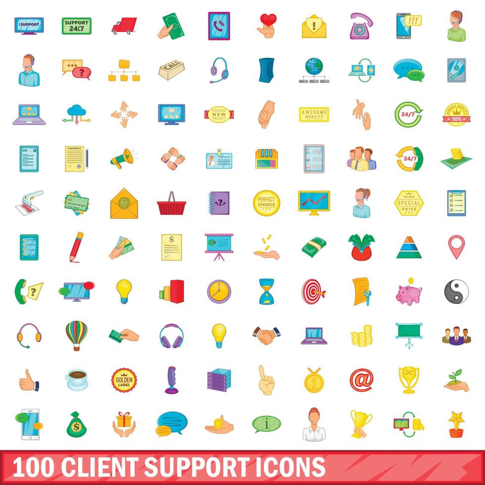 100 Client-Support-Icons gesetzt, Cartoon-Stil vektor