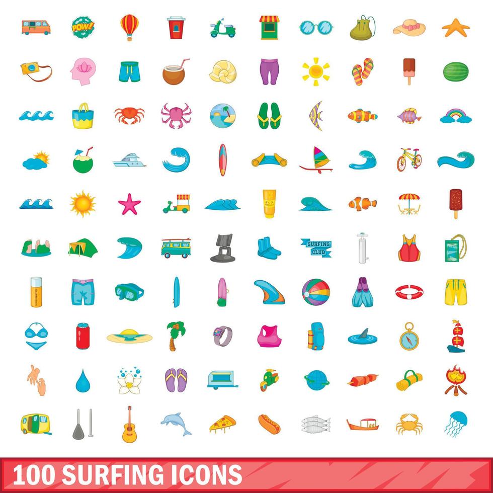 100 Surf-Icons gesetzt, Cartoon-Stil vektor