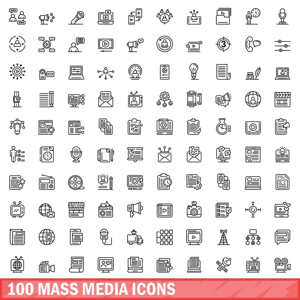 100 Massenmedien-Icons gesetzt, Umrissstil vektor