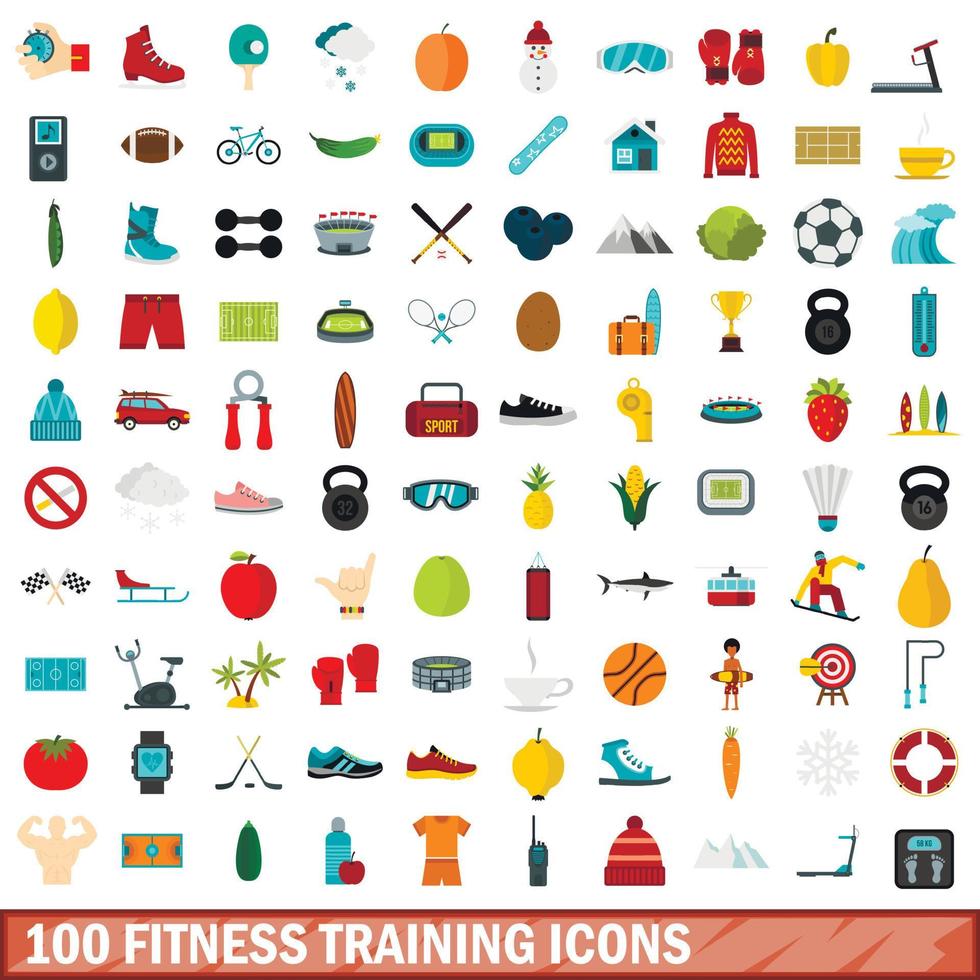 100 Fitnesstraining-Icons gesetzt, flacher Stil vektor