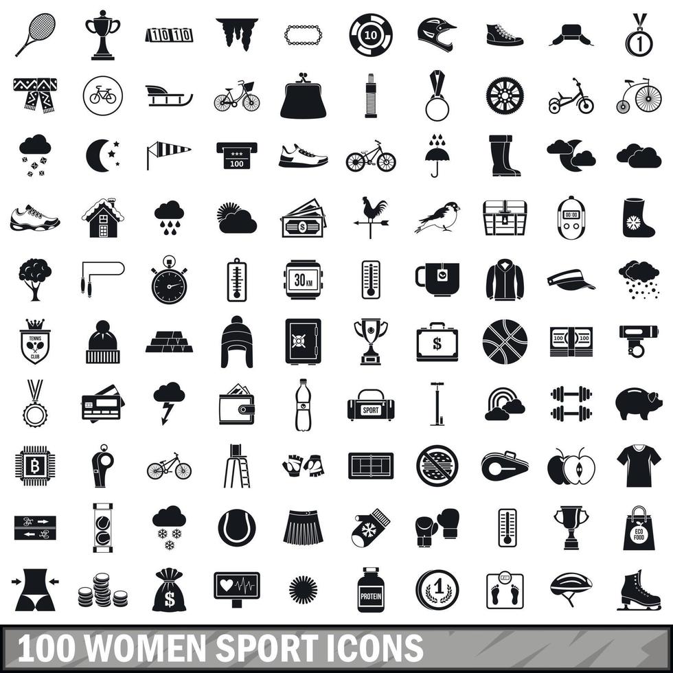 100 Frauensportikonen eingestellt, einfacher Stil vektor
