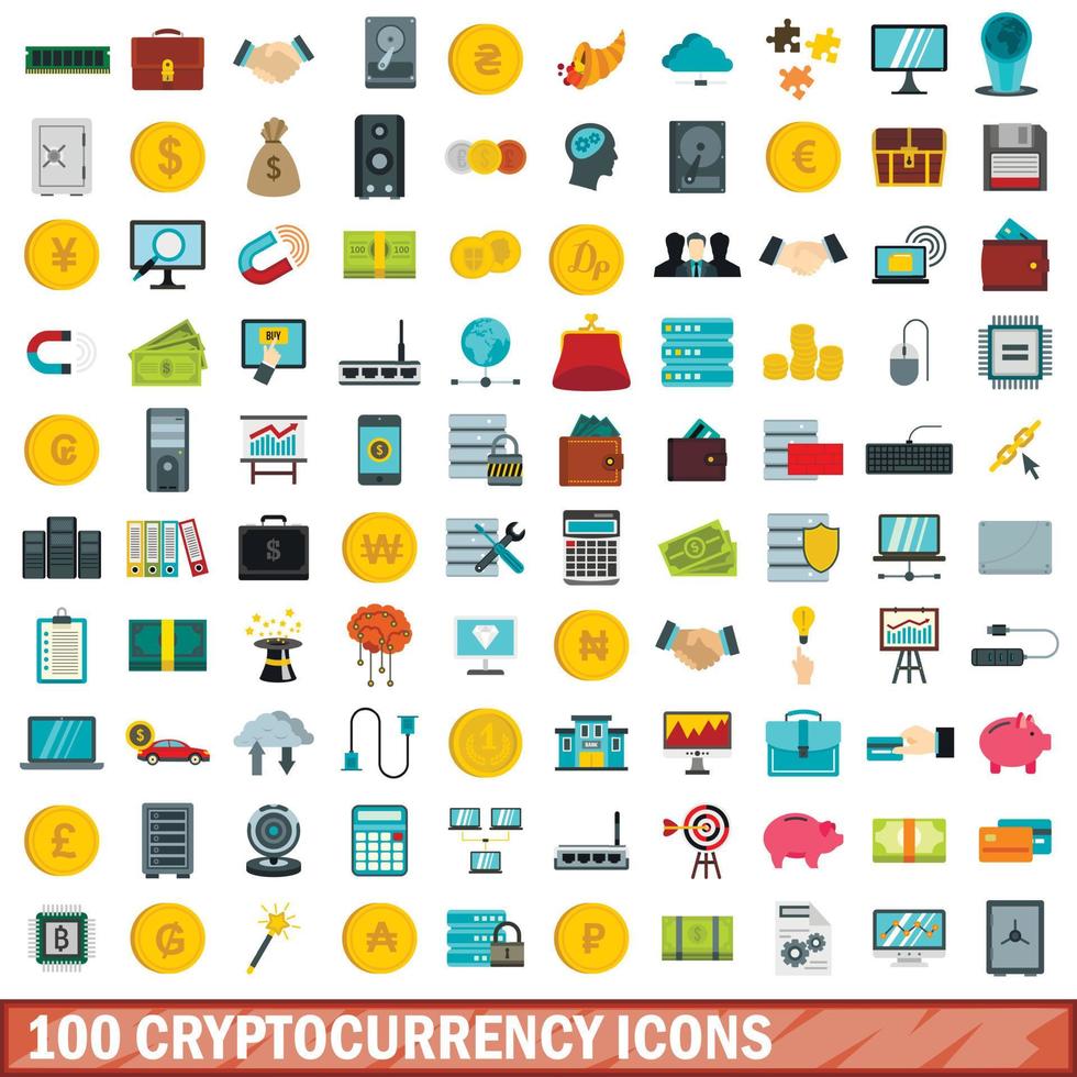 100 cryptocurrency ikoner set, platt stil vektor