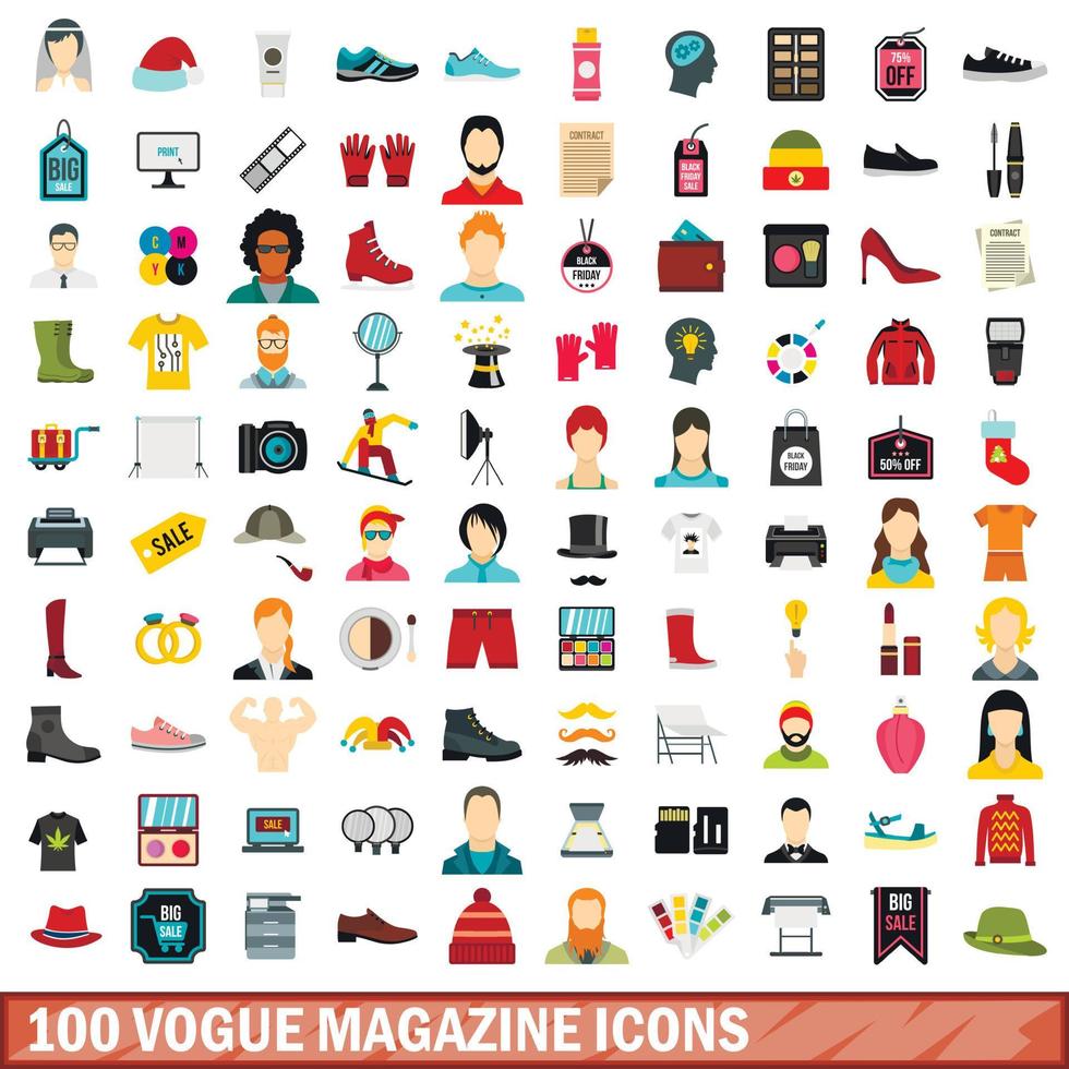 100 vogue magazine ikoner set, platt stil vektor