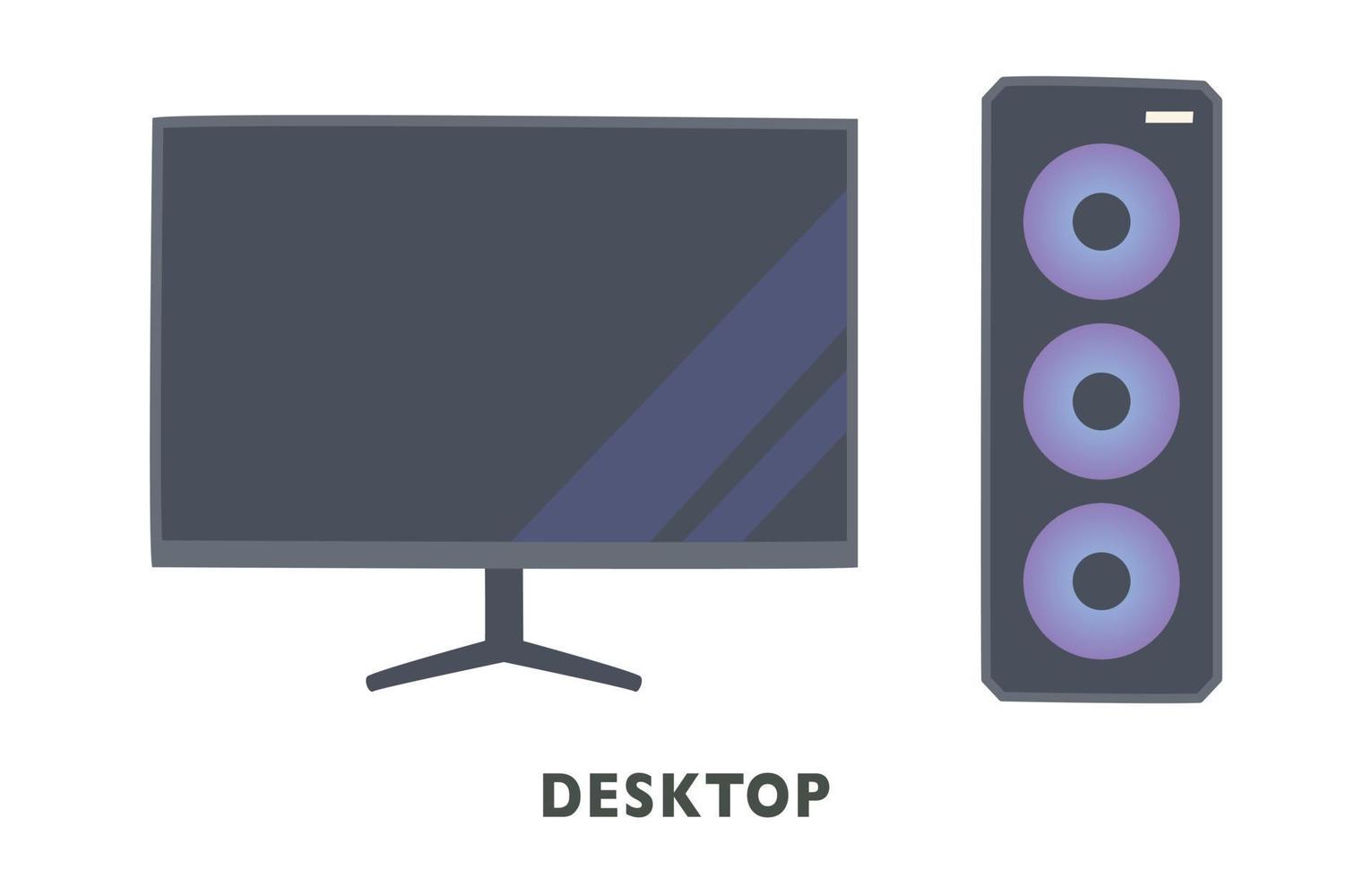 ein Computermonitor und ein Computerkörper mit kreisförmigem LED-Design. flache Designart-Vektorillustration. vektor