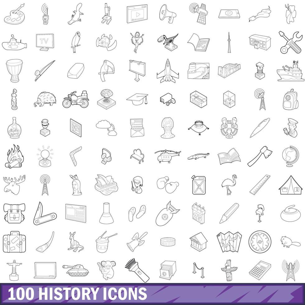 100 historia ikoner set, kontur stil vektor