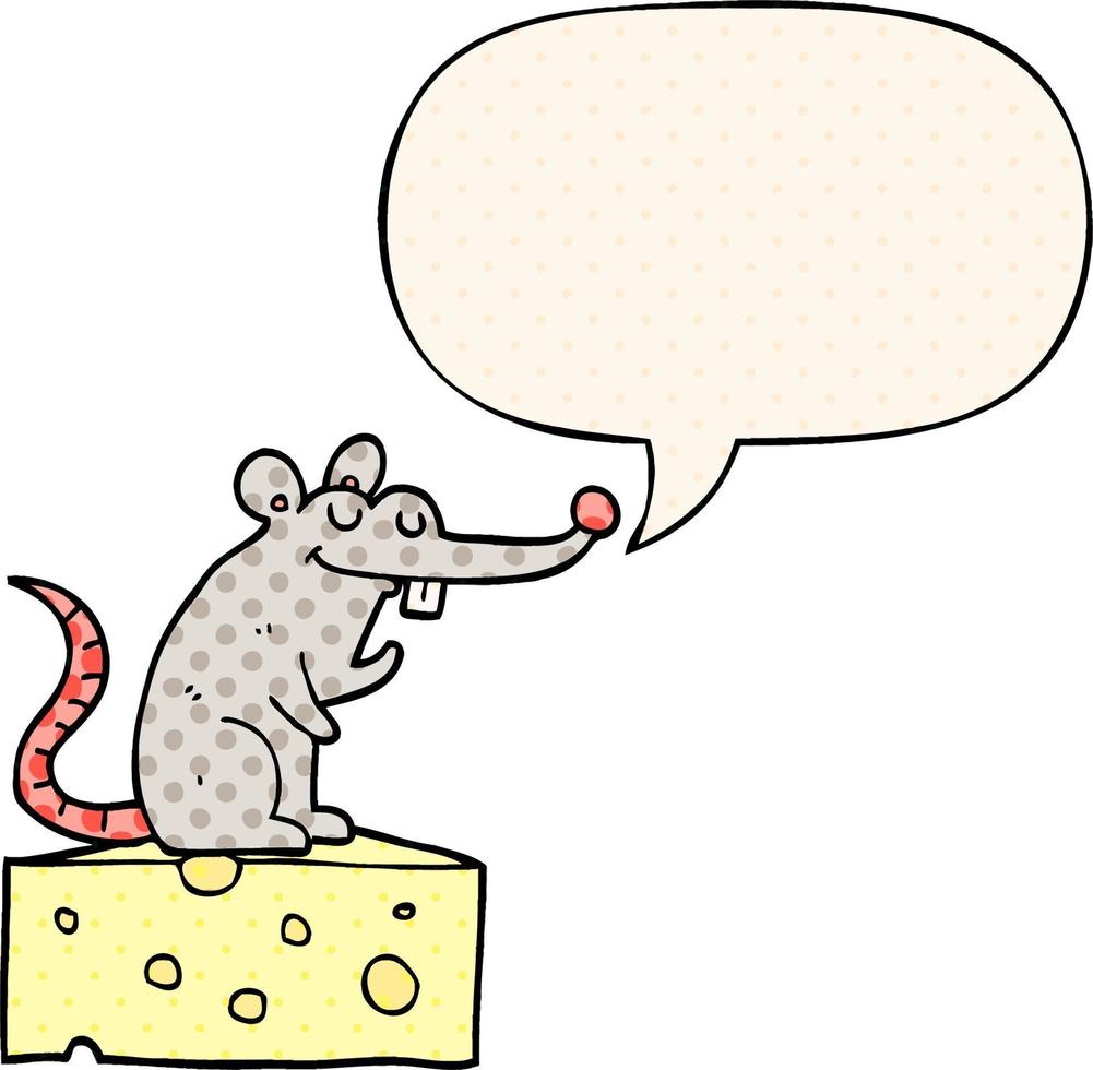 Cartoon-Maus sitzt auf Käse und Sprechblase im Comic-Stil vektor