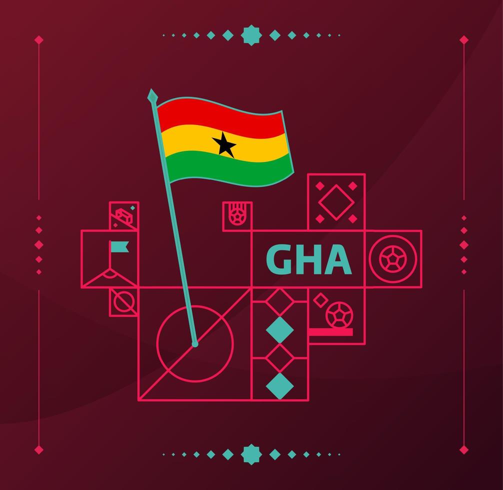 ghana world football tournament 2022 vektorvågig flagga fäst på en fotbollsplan med designelement. världsfotboll 2022 sista etappen. icke officiella mästerskapsfärger och stil. vektor