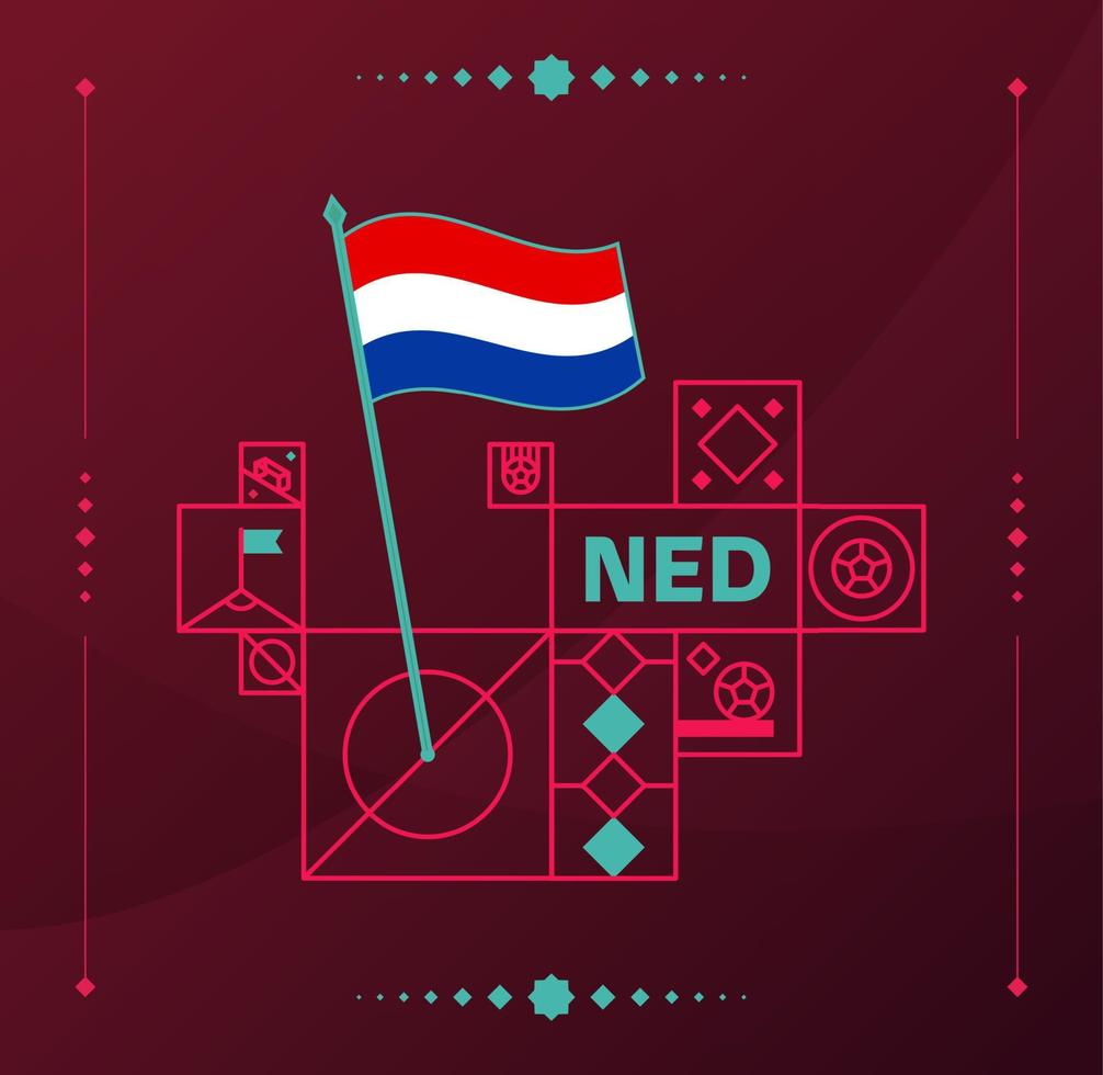 niederlande weltfußballturnier 2022 vektor gewellte flagge an einem fußballfeld mit designelementen. Endphase des Weltfußballturniers 2022. nicht offizielle Meisterschaftsfarben und -stil.