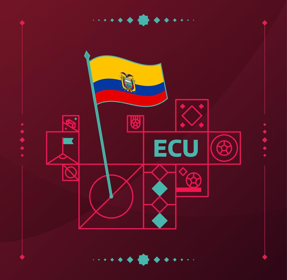 ecuador weltfußballturnier 2022 vektor gewellte flagge, die an einem fußballfeld mit designelementen befestigt ist. Endphase des Weltfußballturniers 2022. nicht offizielle Meisterschaftsfarben und -stil.
