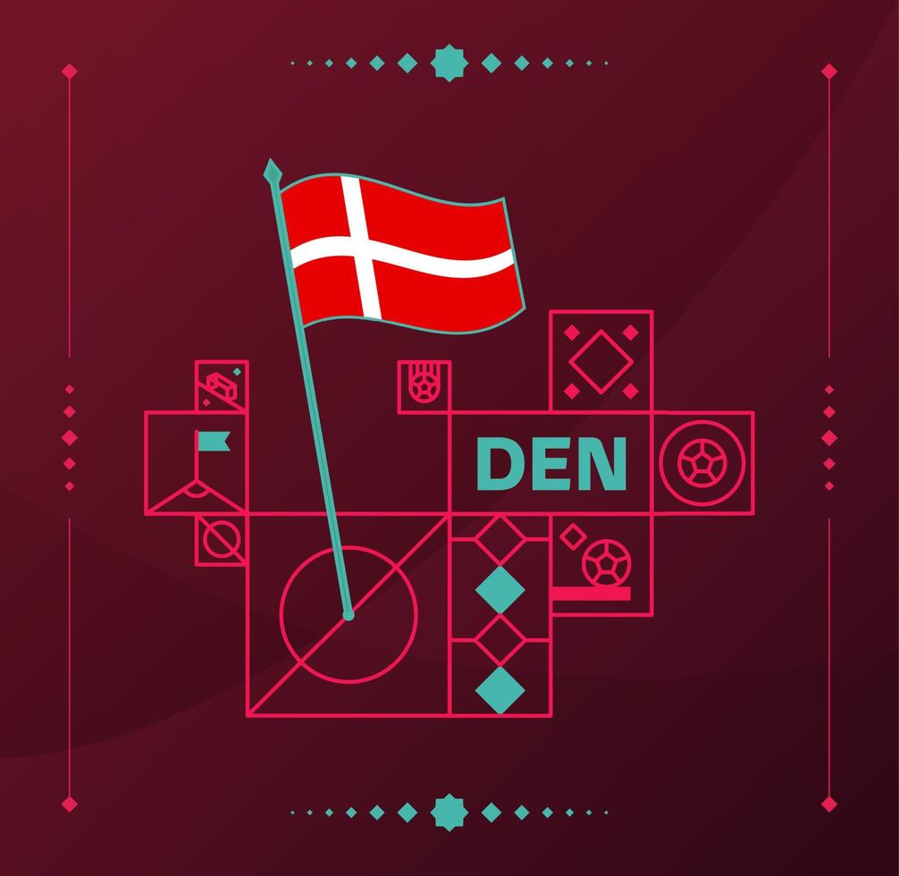 danmark world football tournament 2022 vektor vågig flagga fäst på en fotbollsplan med designelement. världsfotboll 2022 sista etappen. icke officiella mästerskapsfärger och stil.