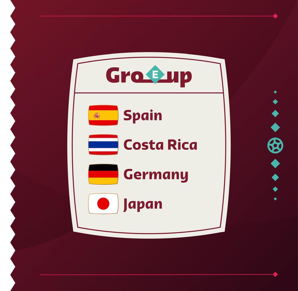 världsfotboll 2022 grupp e. flaggor för de länder som deltar i världsmästerskapet 2022. vektor illustration