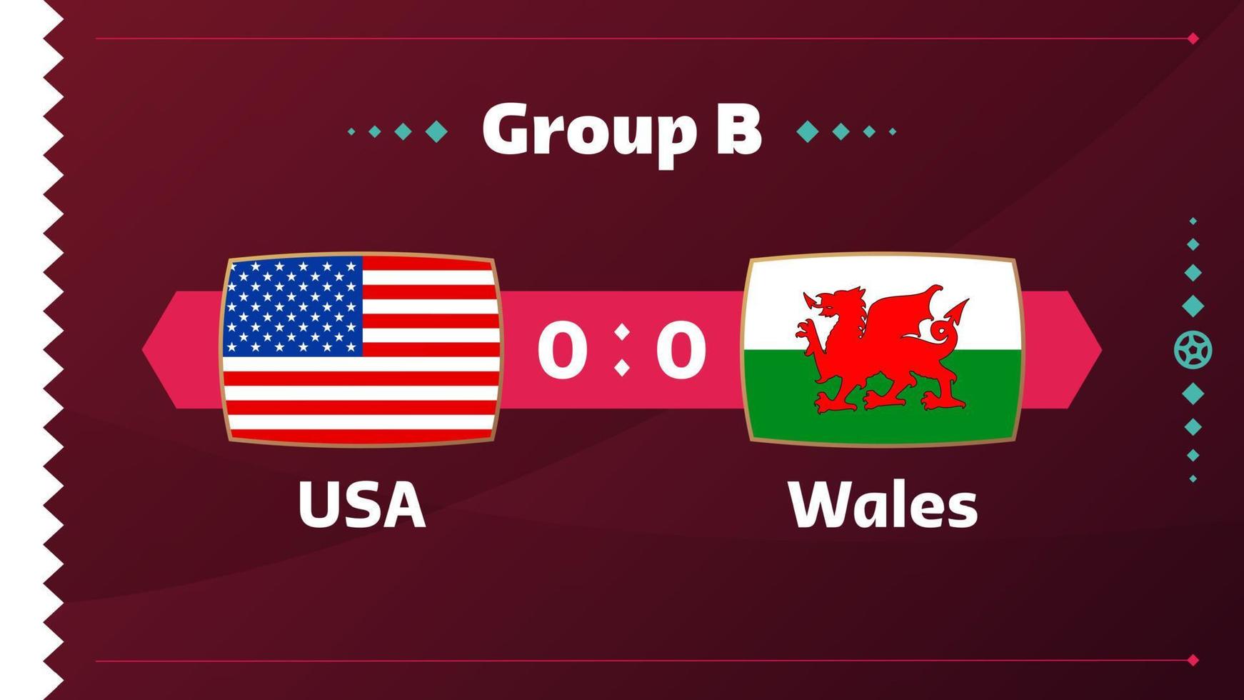 USA vs Wales match. fotboll 2022 världsmästerskapsmatch mot lag på fotbollsplan. intro sport bakgrund, mästerskap konkurrens sista affisch, platt stil vektor illustration