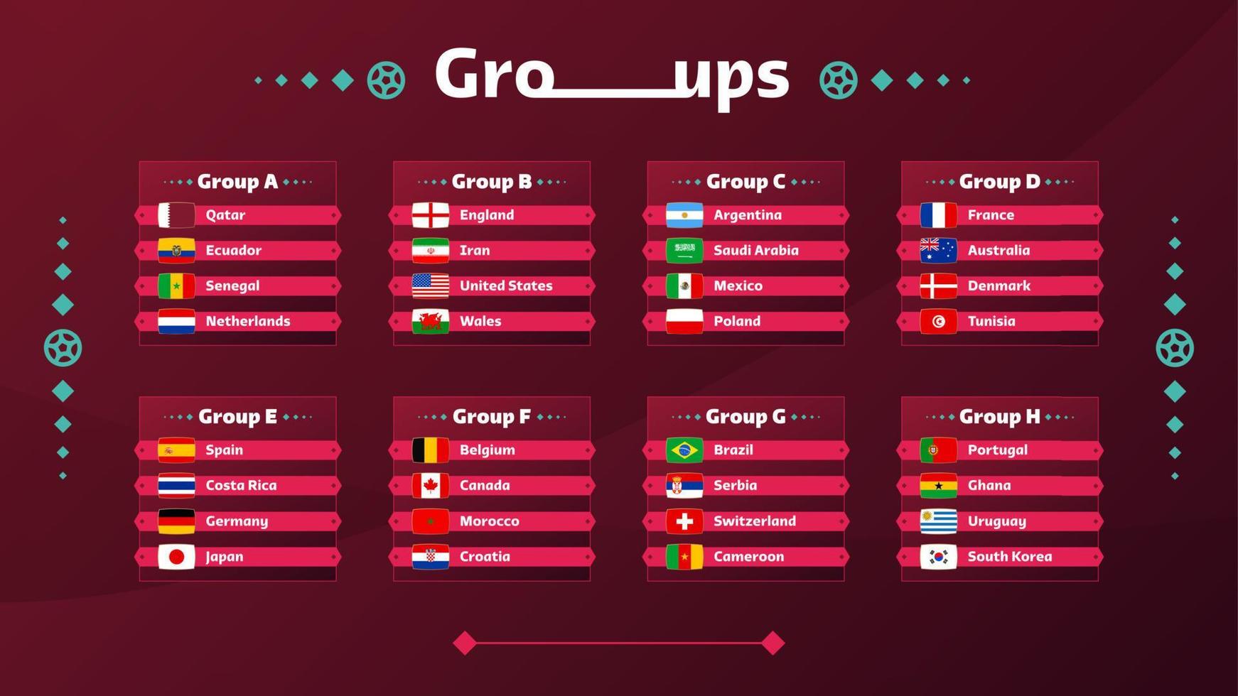 World Football 2022 Gruppen und Flaggen gesetzt. Flaggen der Länder, die an der Weltmeisterschaft 2022 teilnehmen. Vektor-Illustration vektor