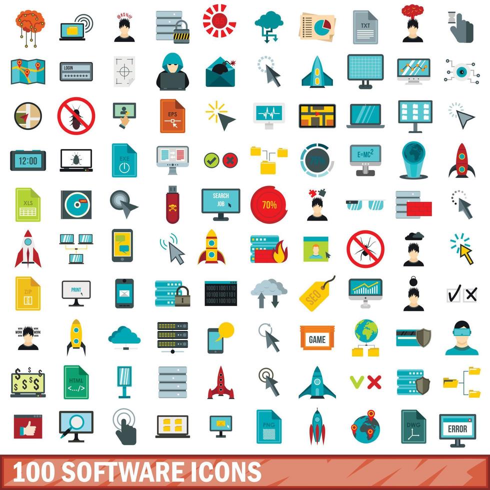 100 Software-Icons gesetzt, flacher Stil vektor