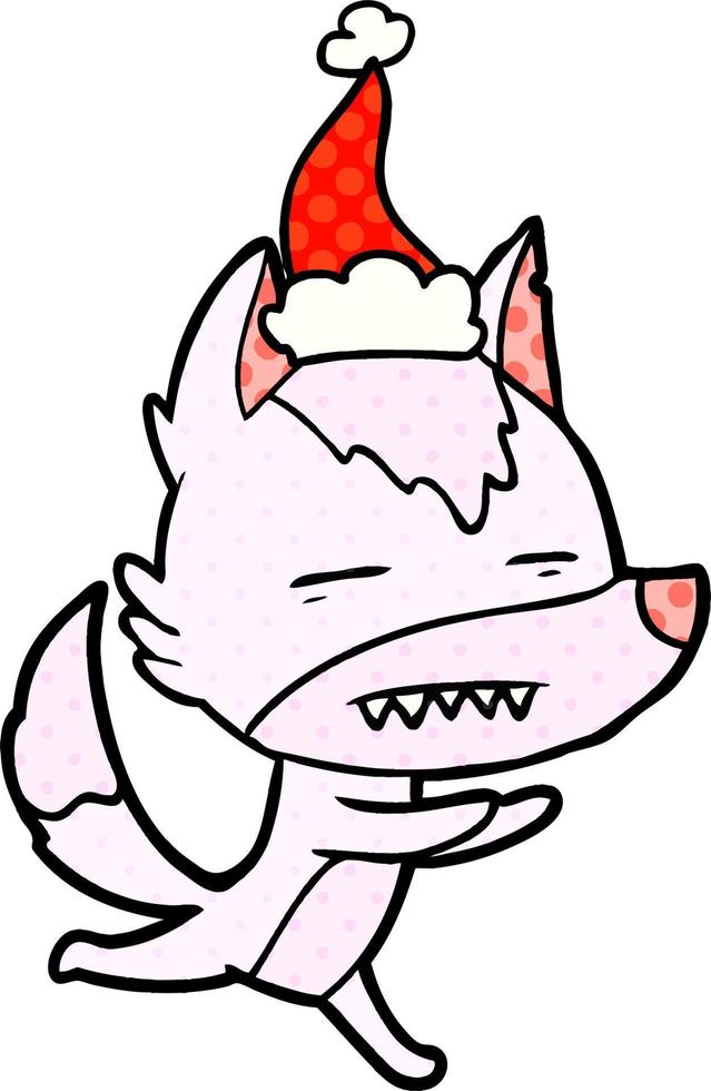 Comic-Stil-Illustration eines Wolfs, der Zähne mit Weihnachtsmütze zeigt vektor