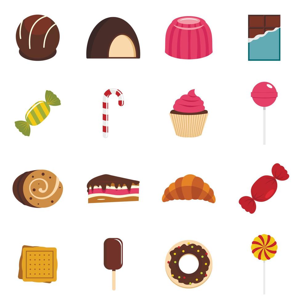 Süßigkeiten und Süßigkeiten-Symbole im flachen Stil vektor