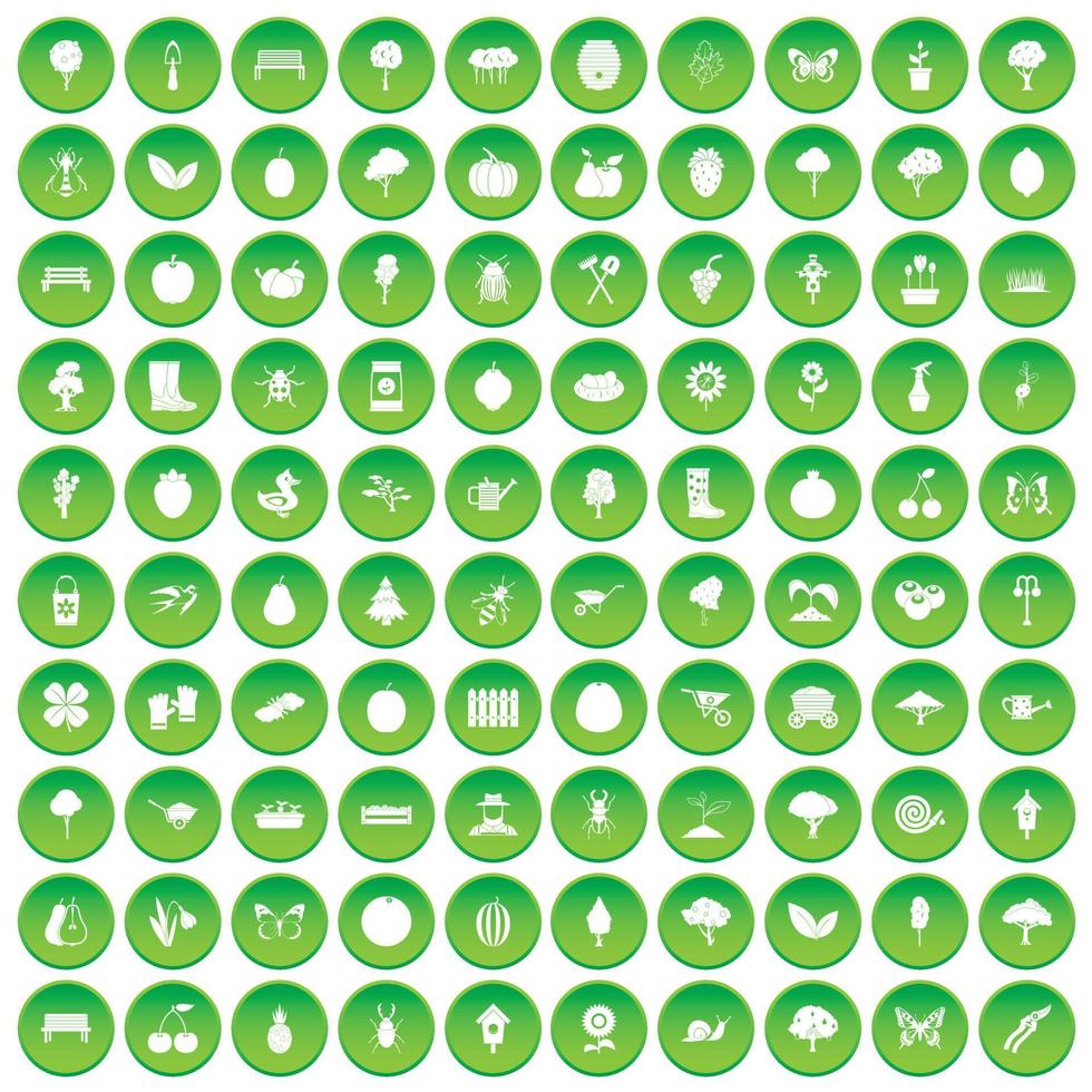 100 trädgårdsarbete ikoner som grön cirkel vektor