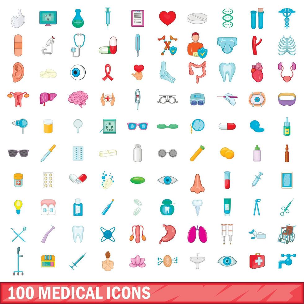 100 medicinska ikoner set, tecknad stil vektor
