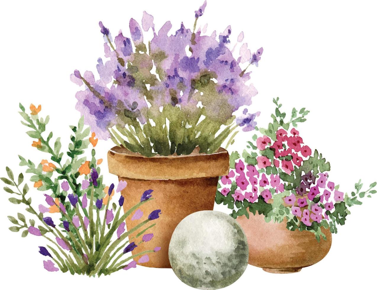 blumen in töpfen und pflanzen, aquarellillustration. vektor