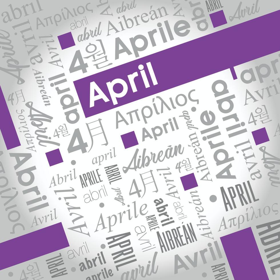 April-Wortwolke geschrieben in Spanisch, Deutsch, Portugiesisch, Italienisch, Japanisch, Koreanisch in Grau mit dem englischen Wort in Farbe hervorgehoben vektor