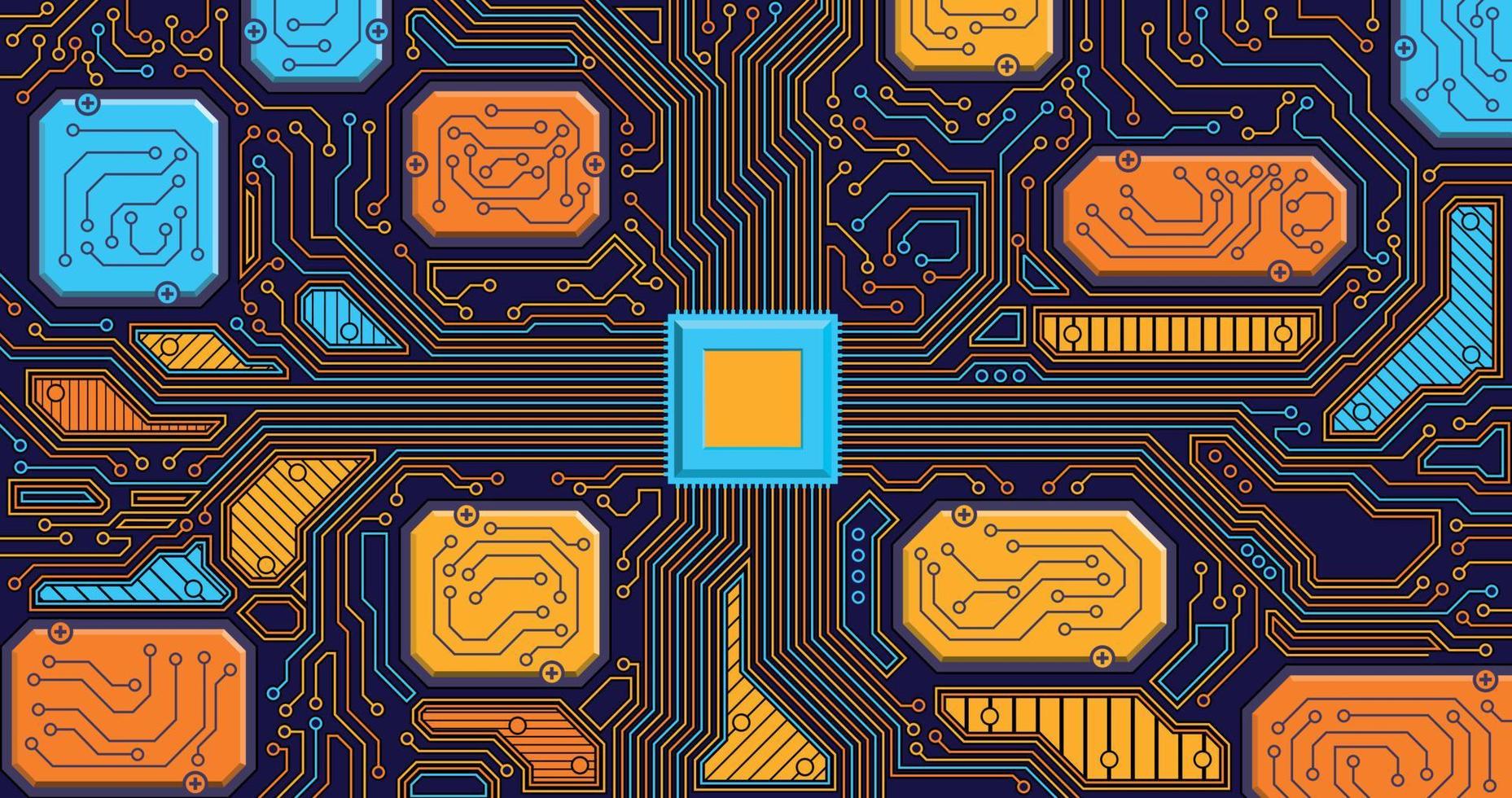 Detail einer Platine mit mehreren Chips, die durch gelbe, orange und blaue Linien verbunden sind. Vektorbild vektor
