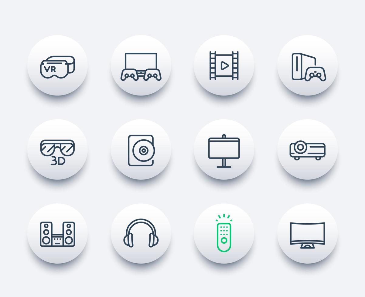 ikoner för hemunderhållningssystem, virtuell verklighetsglasögon, spelkonsol, multimediaprojektor, ljudsystem vektor