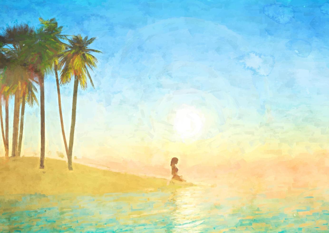 handmålad akvarellbild av kvinna i yogaställning i tropiskt landskap vektor