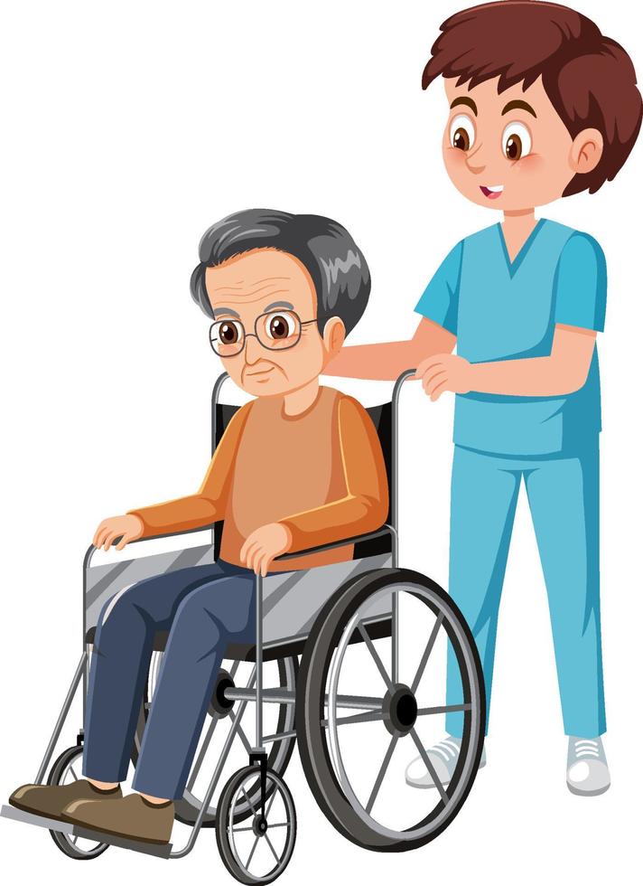 vårdgivare med äldre man i rullstol vektor