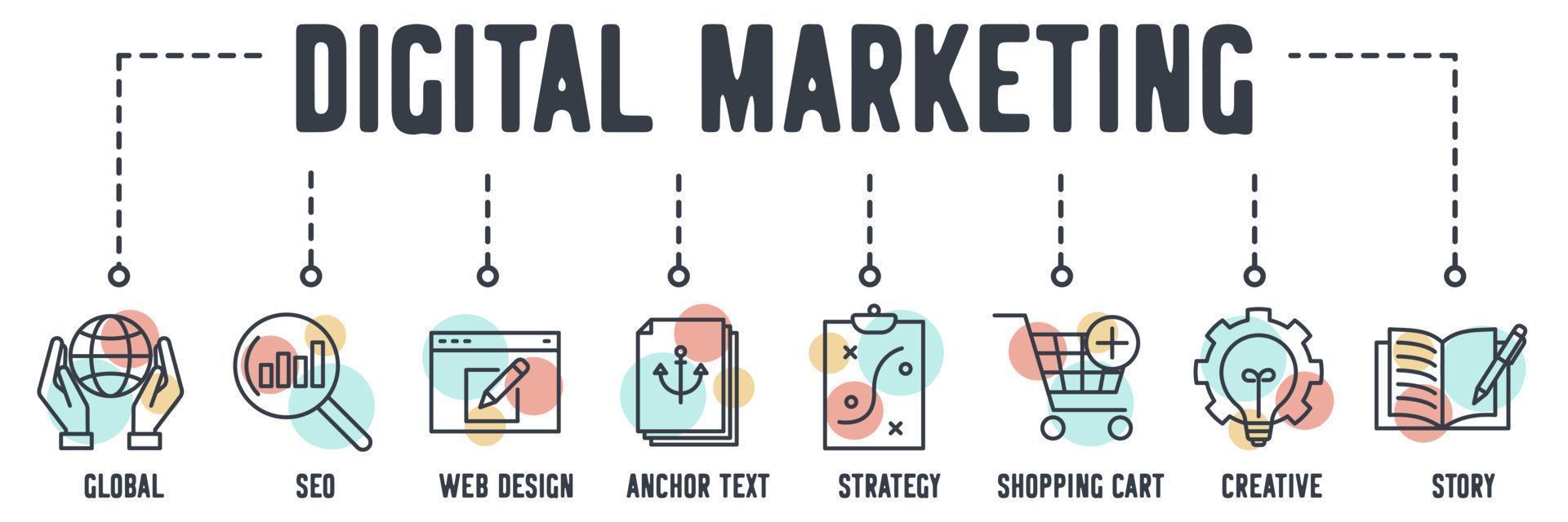 Web-Symbol für digitales Marketing-Banner. Kreativdienstleistung, Geschichtenerzählen, soziale Medien, Marktforschung, Werbung, Website, E-Mail-Marketing, Videomarketing, Ranking, Cloud-Tech-Vektorillustration vektor