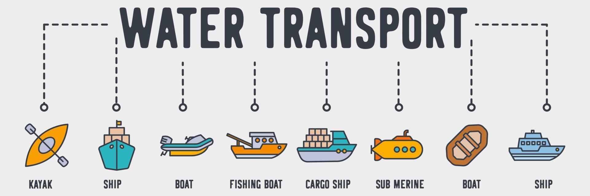 vatten transport webbikon. kajak, fartyg, båt, fiskebåt, lastfartyg, ubåt, båt, fartyg vektor illustration koncept.