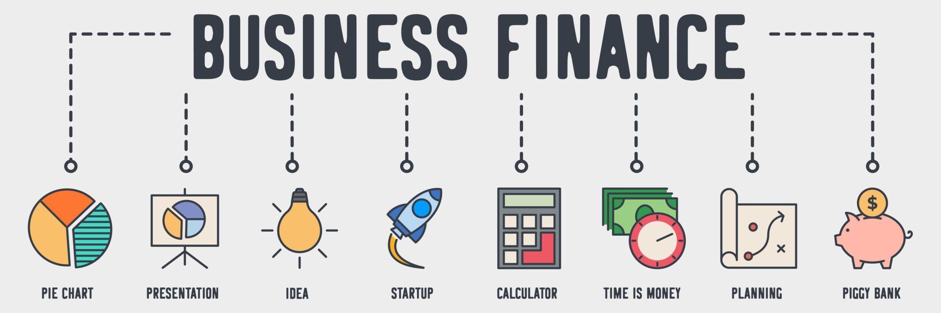 företag och finans banner webbikon. cirkeldiagram, presentation, idé, start, kalkylator, tid är pengar, planering, spargris vektorillustration koncept. vektor