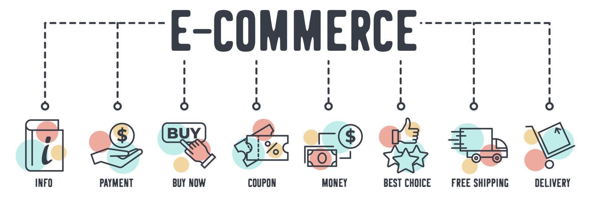 E-Commerce-Banner-Web-Symbol. info, zahlung, jetzt kaufen, gutschein, geld, beste wahl, lieferung, kostenloser versand, vektorillustrationskonzept. vektor