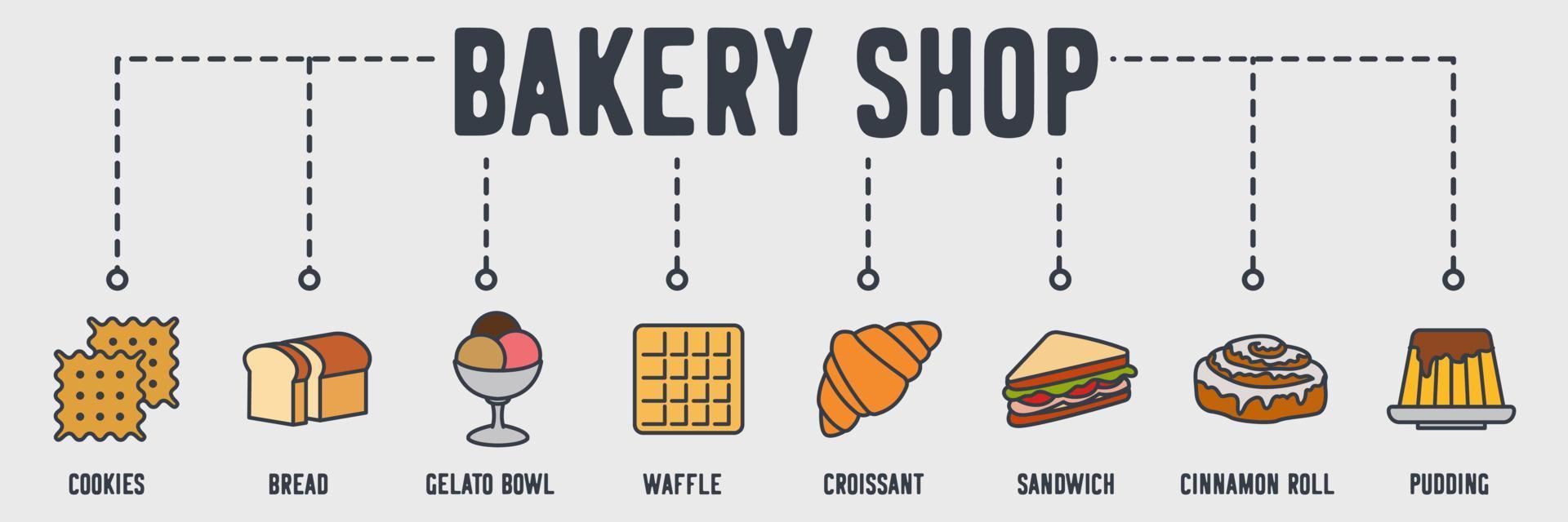 bageri butik banner webbikon. kakor, bröd, gelato skål, våffla, croissant, smörgås, kanel rulle, pudding vektor illustration koncept.