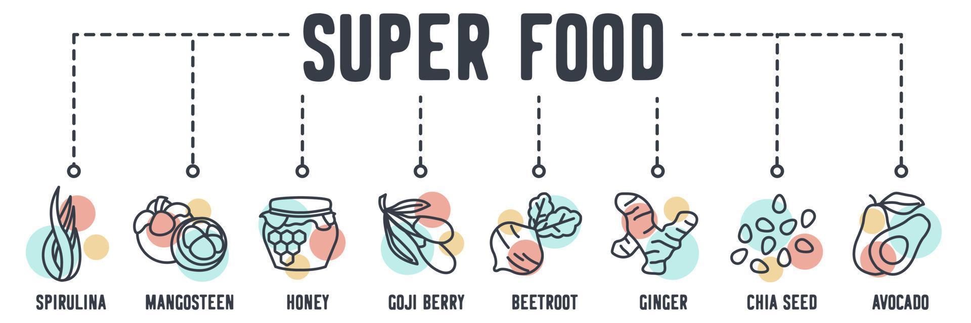 Super-Food-Banner-Web-Symbol. Spirulina, Mangostan, Honig, Goji-Beere, Rote Bete, Ingwer, Chiasamen, Avocado-Vektorillustrationskonzept. vektor