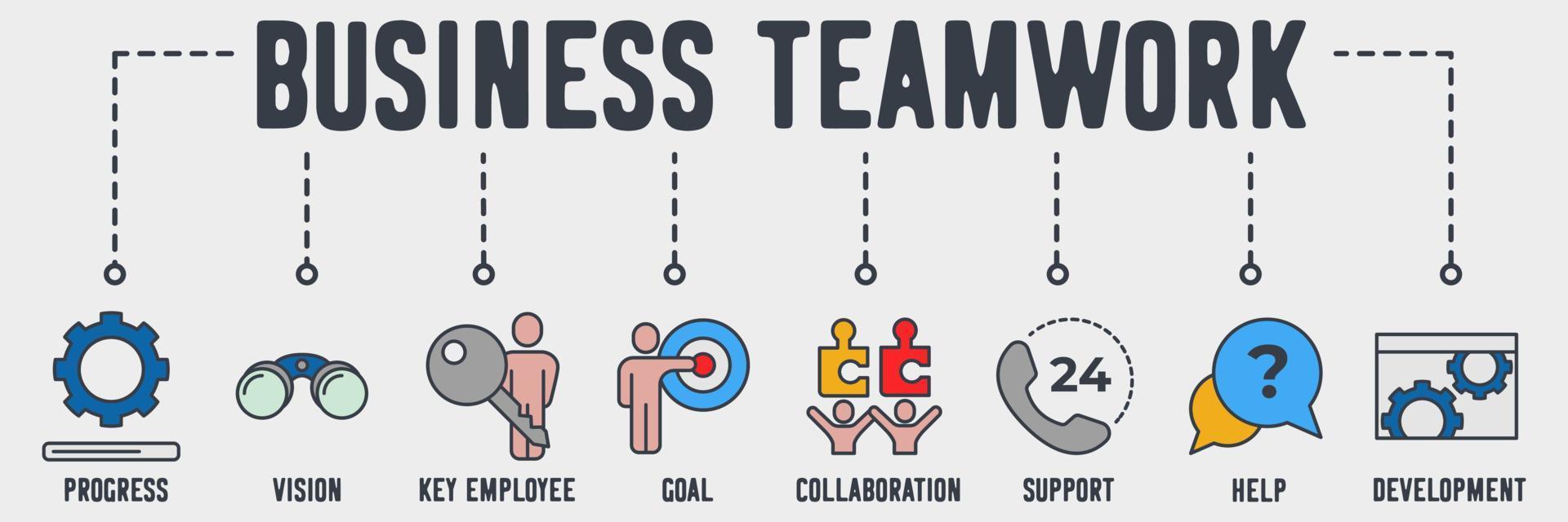 Business-Teamwork-Banner-Web-Symbol. fortschritt, vision, wichtiger mitarbeiter, ziel, zusammenarbeit, unterstützung, hilfe, entwicklungsvektorillustrationskonzept. vektor