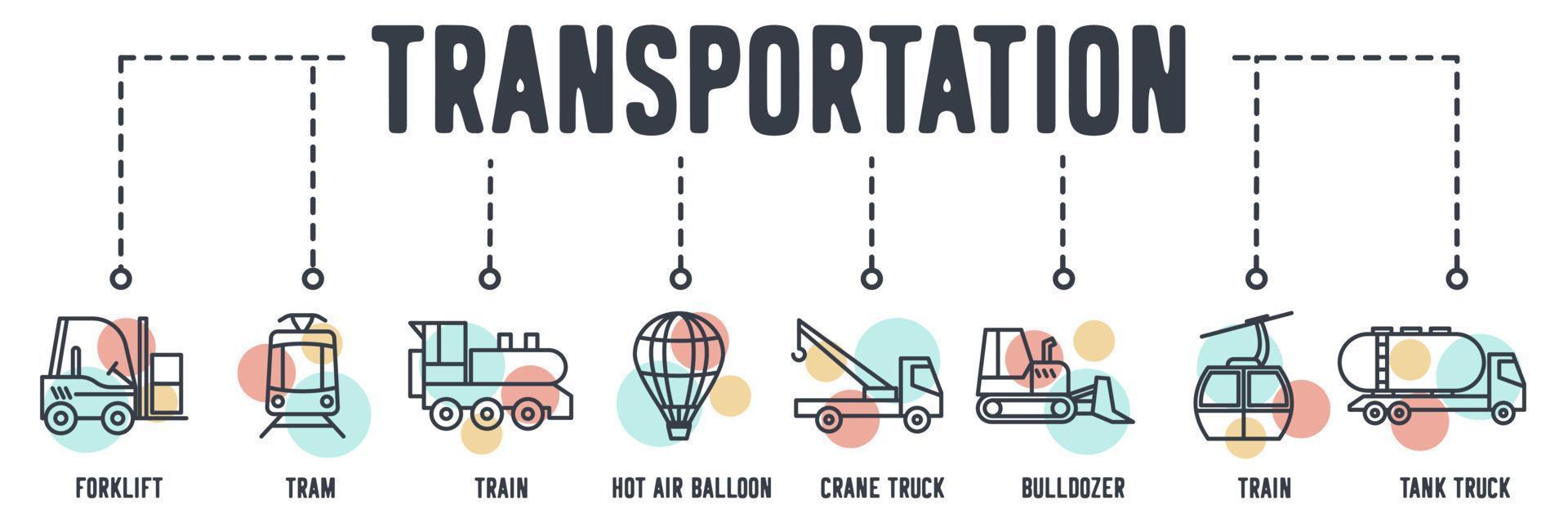 Transport-Fahrzeug-Banner-Web-Symbol. Bagger, Heißluftballon, Seilbahn, Kranwagen, Bulldozer, Zug, Panzer, LKW-Vektorillustrationskonzept. vektor